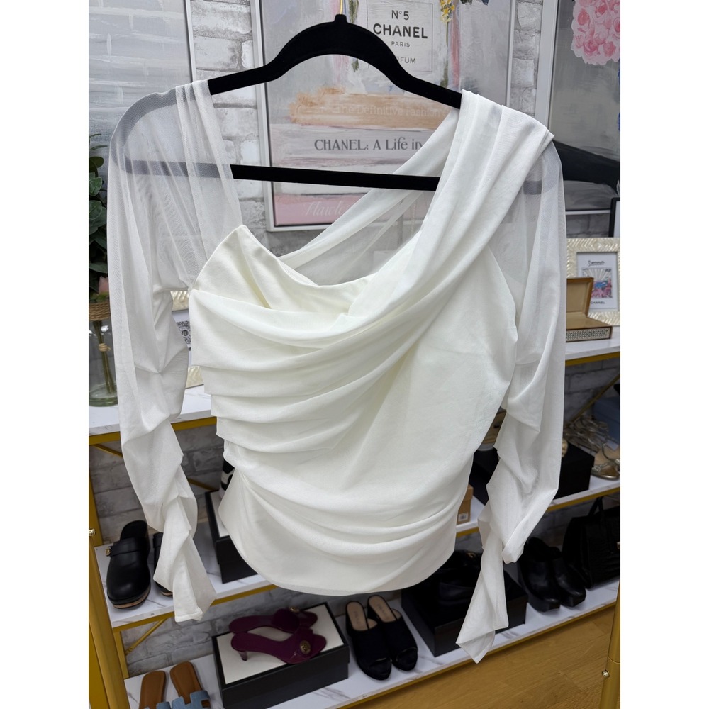 Marcella Monroe White One Shoulder Ruched Mesh Top Size M NWT - Picture 2 of 16